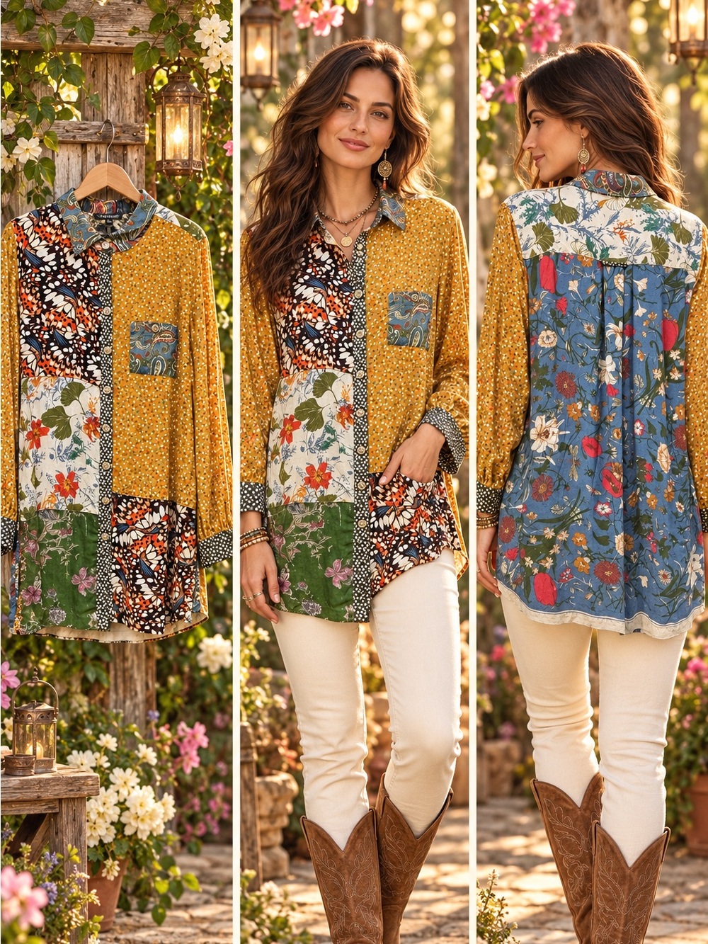 John Mark Boho Patchwork Button-Up Shirt - Mustard Floral